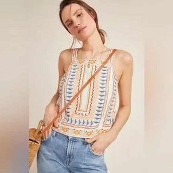 Anthropologie Tops - Anthropologie Island Embroidered Boho Linen Cotton Crop Tank Top Women's Size 0